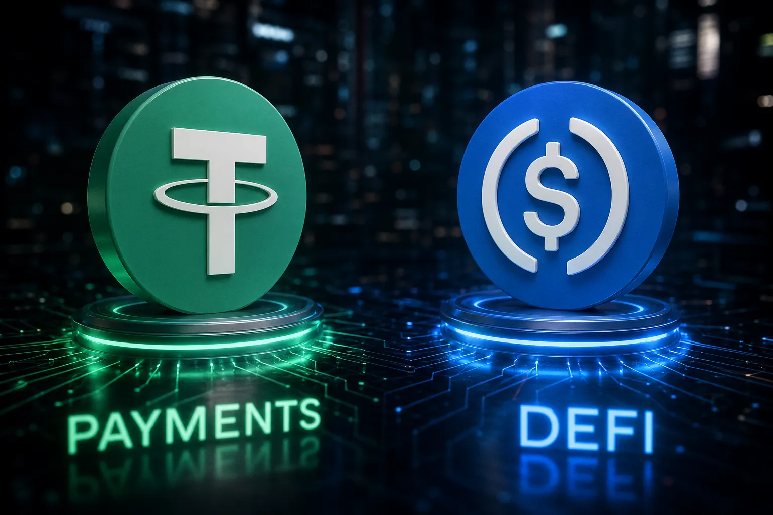 USDT leads stablecoin payments with $95B, while USDC dominates DeFi, signaling market specialization.